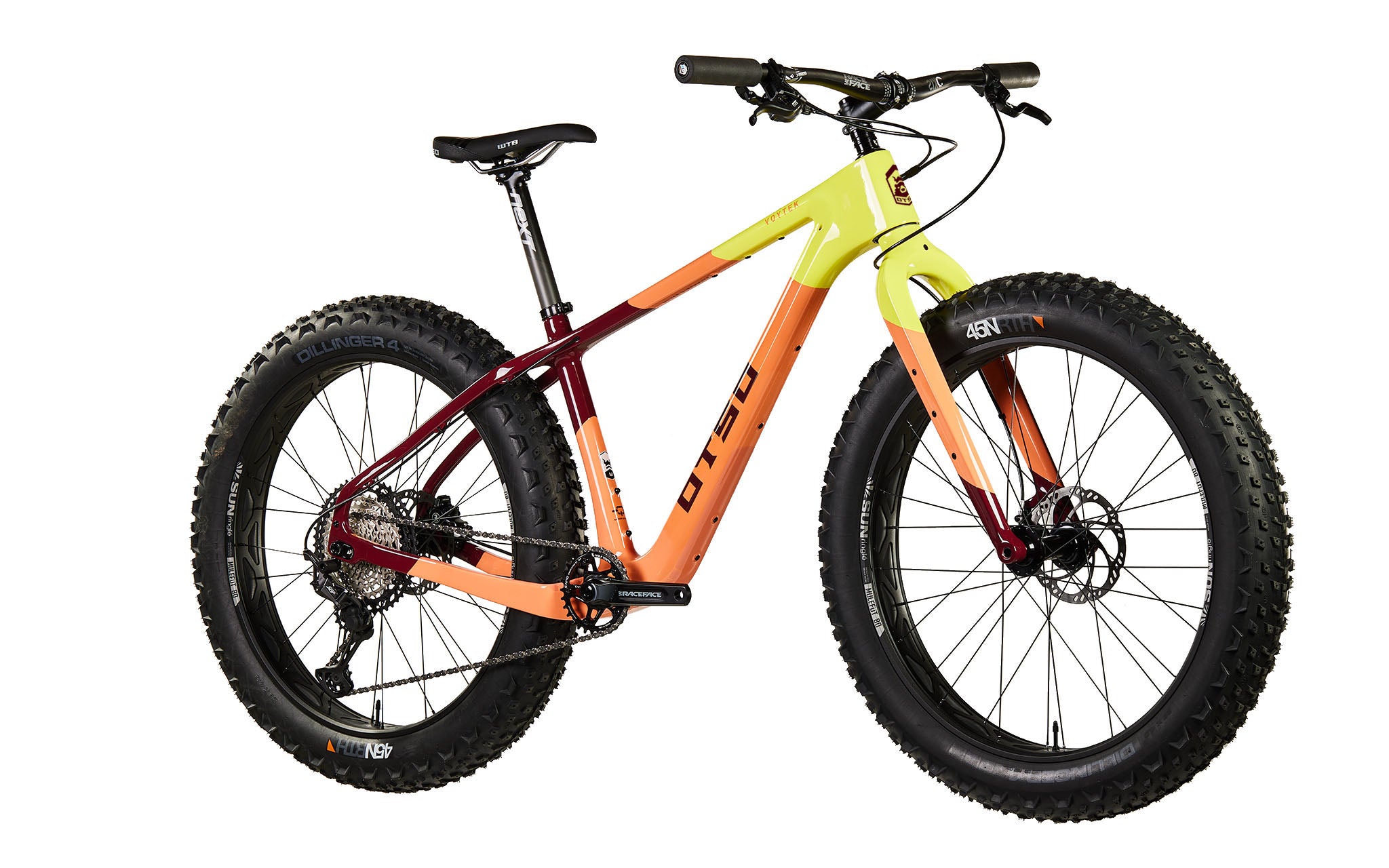 Fat Bike Voytek Otso Winter snow riding, Neon Sunrise color 3Q view