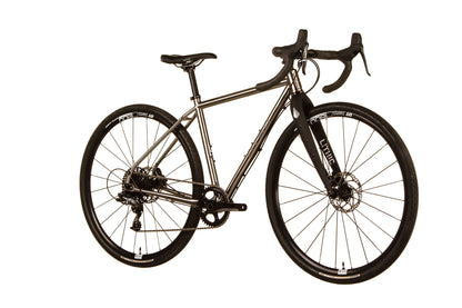 Warakin Stainless Steel Gravel Bike. 3 quarter view