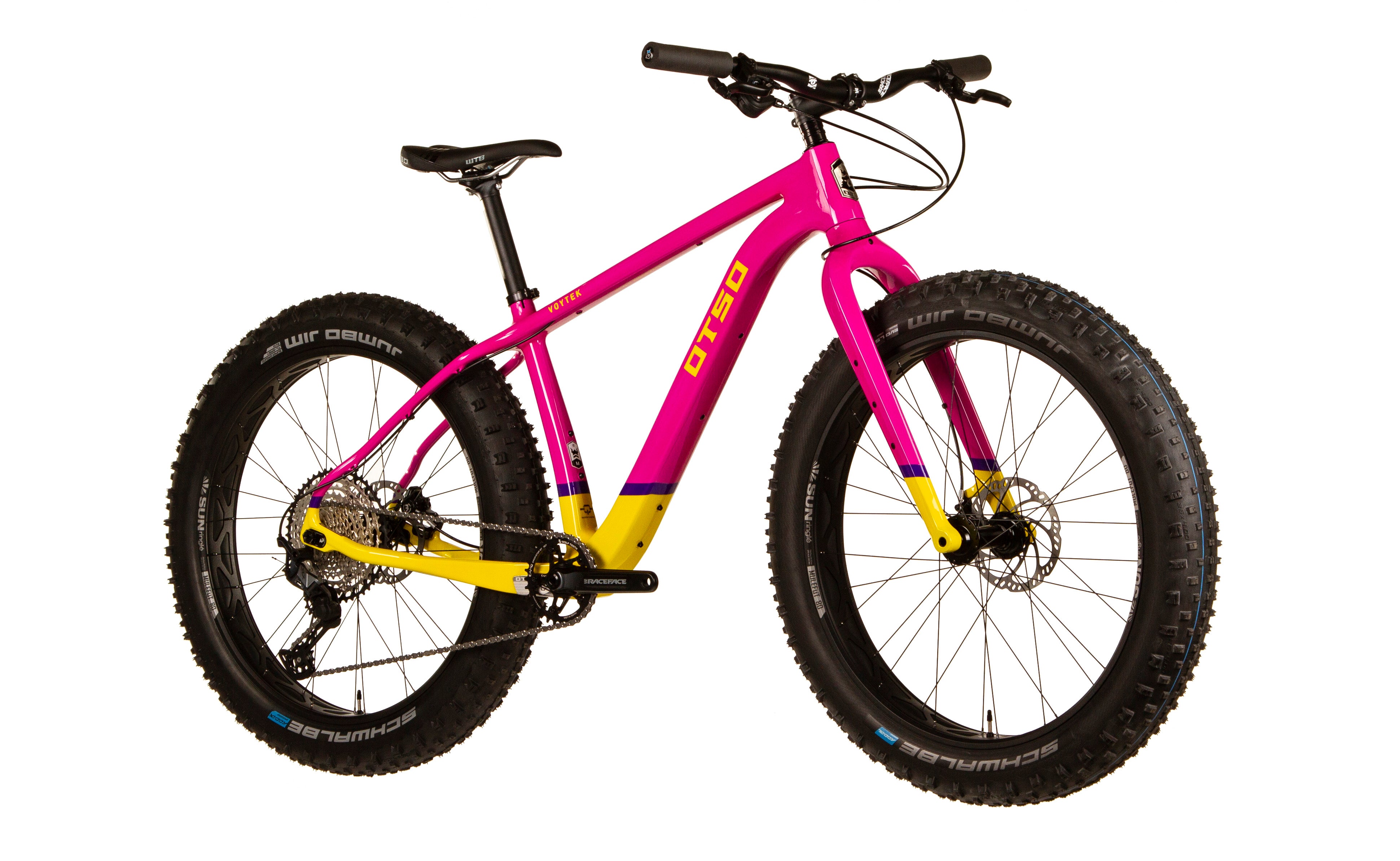 Fat Bike Voytek Otso Winter snow riding, Pink sunflower color 3Q view Jumbo Jim tires
