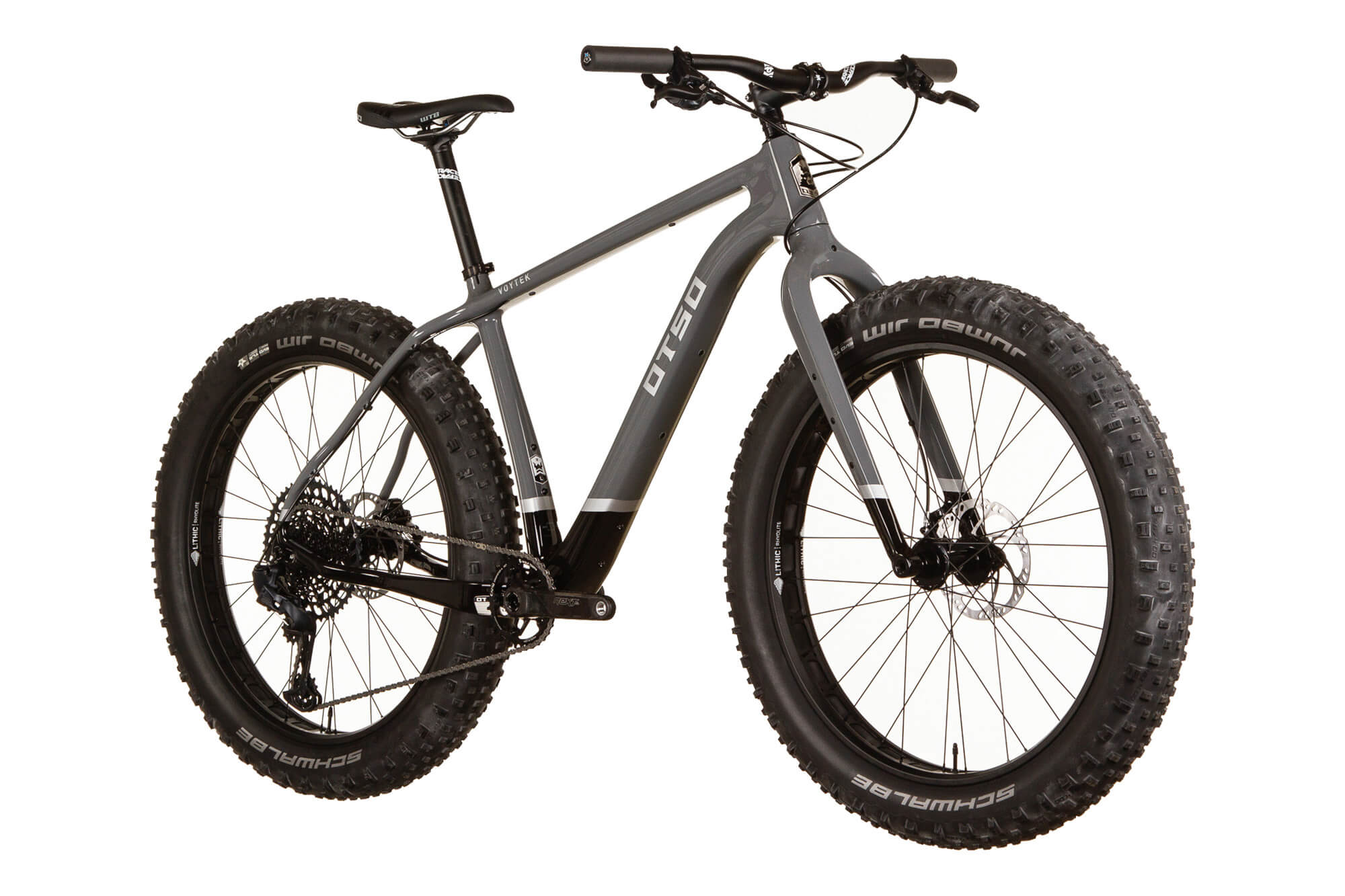 Fat Bike Voytek Otso Winter snow riding, Gray Black color 3Q view Jumbo Jim tires