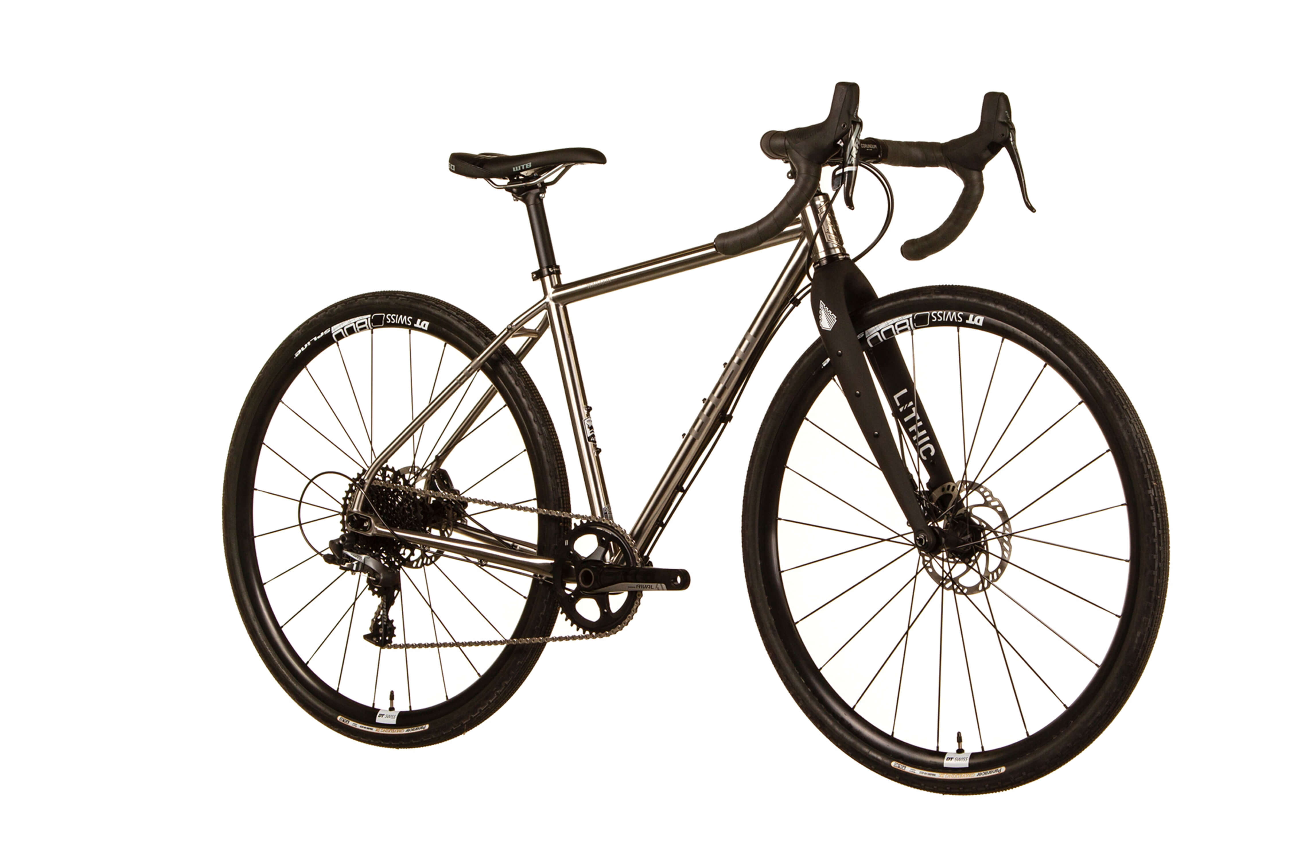 Warakin Stainless Steel Gravel Bike. 3 quarter view